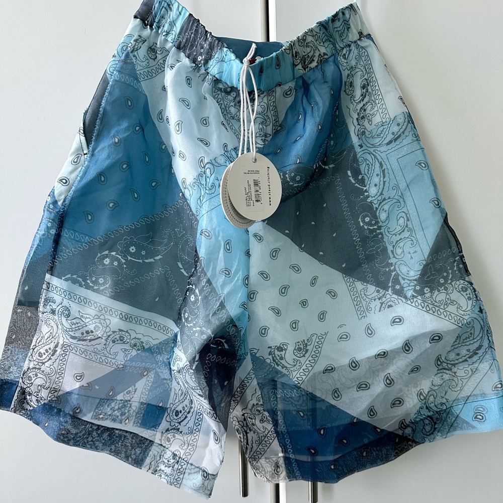 STAUD Blue Patchwork Bandana High-Waist Shorts